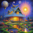 Fantasy scene: Glowing traditional house by pond, lush paths, starry sky, moon,