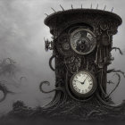 Monolithic clock tower with intricate gears and tentacles in dark, cloudy scene