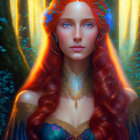 Digital artwork: Mystical woman with red hair and blue eyes in ethereal attire in enchanted forest