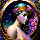 Illustrated portrait of woman with crown, roses, butterflies, blue background & golden details