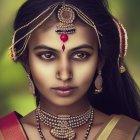 Traditional Indian jewelry on woman with maang tikka, earrings, necklace, red bindi, and