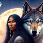 Digital artwork of woman with Native American features and detailed wolf under full moon