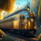 Vintage Golden Train in Enchanted Forest at Dusk