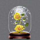 Glass dome with blooming yellow roses, moss, and full moon scene