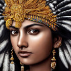 Detailed portrait of woman with golden headdress and jewelry