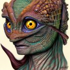 Colorful Illustration of Reptilian Humanoid with Textured Scales and Yellow Eyes