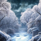 Snow-covered trees and frozen river in serene winter night scene
