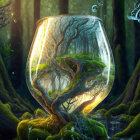 Ethereal forest scene in transparent bubble amid misty woodland
