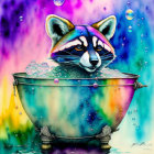 Vibrant raccoon face in bubble bath against colorful backdrop