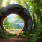 Natural rock archway frames serene lake with mountain, lush forest, and sunlit sky