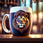 Detailed Lion Face Mug Against Blurry Bar Background