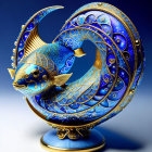 Golden Fish with Blue Patterns and Jewels in Circular Frame on Blue Background