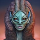 Alien portrait with almond-shaped eyes, crest headpiece, textured skin in blue and red hues