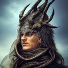 Illustration of person with red eyes in horned helmet and fur, showing intense expression