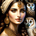 Digital Artwork: Woman with Gold Jewelry, Headdress, and Owls on Dark Background