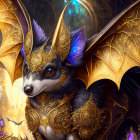 Intricate golden armored bat-like creature with fox face on mystical background