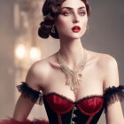 Elegant woman in red and black corset dress with gold necklace