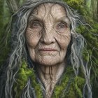Elderly woman with deep wrinkles and gray hair in forest setting