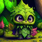 Vibrant illustration of cute green leafy creature in nature