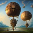 Fantasy airships in cloudy sky with figures on runway