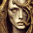 Surreal portrait of person with golden serpentine elements and one visible eye