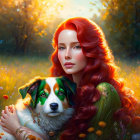 Woman with Red Hair and Tricolored Dog in Sunlit Meadow with Wildflowers