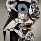 Cubist painting of chaotic scene with overlapping faces and body parts in grayscale with yellow and red touches