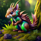 Illustration of dragon-squirrel hybrid in enchanted forest