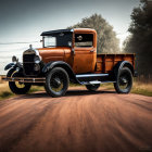 Classic Brown Pickup Truck on Dirt Road with Trees and Cloudy Sky