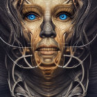 Detailed Close-Up: Futuristic Female Face with Striking Blue Eyes and Mechanical Details