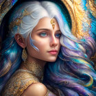 Fantasy portrait: Woman with white hair, gold headpiece, jewel-toned backdrop
