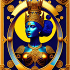 Blue-skinned crowned figure with golden jewelry in digital portrait