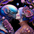 Fantasy illustration of human woman kissing reptilian creature in floral setting