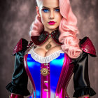 Vibrant pink-haired woman in detailed corset and ruffled collar portrait