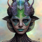 Fantasy portrait: Female creature with horns, blue and green skin, reptilian features, intricate he