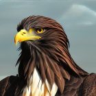 Detailed close-up of majestic eagle with sharp yellow beak and piercing eyes on pale blue background