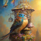 Colorful bird painting with whimsical birdhouse and flowers on dreamy backdrop