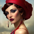 Stylized portrait of woman in red turban, dramatic makeup, colorful dress