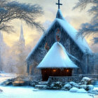 Snowy church with cross, stained glass windows, frost-covered trees, bridge, and river.