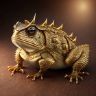Golden mechanical frog with intricate gears and spikes on wooden surface
