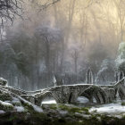 Snow-covered bridge and gothic ruins in misty forest with sun rays.