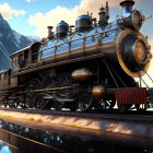 Detailed Close-Up of Vintage Steam Locomotive on Tracks with Majestic Mountains and Dramatic Sky