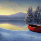 Winter landscape with red boat on snowy shore by calm lake, frosty trees, and glowing sunrise over