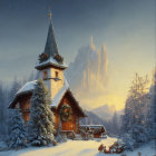 Snow-covered chapel with lit steeple in snowy landscape at dusk