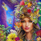 Colorful Woman Illustration with Floral Headdress and Fantasy Background