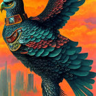 Detailed cybernetic eagle illustration against orange futuristic sky