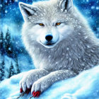 White wolf with orange eyes in snowy landscape with red claw tips