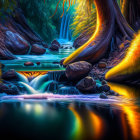 Fantasy Landscape with Cascading Stream and Glowing Trees