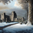 Snow-covered ruins of ancient castle in winter scene