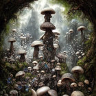 Ethereal forest scene with diverse mushrooms and waterfall